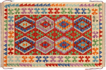Flat Weave Kilim, Antique, Navaho, Vintage, Handmade, Geometric Kilim Rust Beige Hand-Woven Rectangle 100% Wool Area Rug 3 x 5